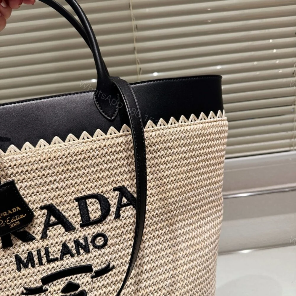 View 4 of Prada Crochet And Leather Tote Bag Tan And Black 33Cm 1BG499 2M2Q F0I55 V GOO