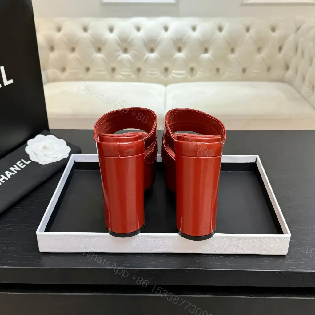 View 6 of Bold Red Platform Mules with Gold Logo Hardware