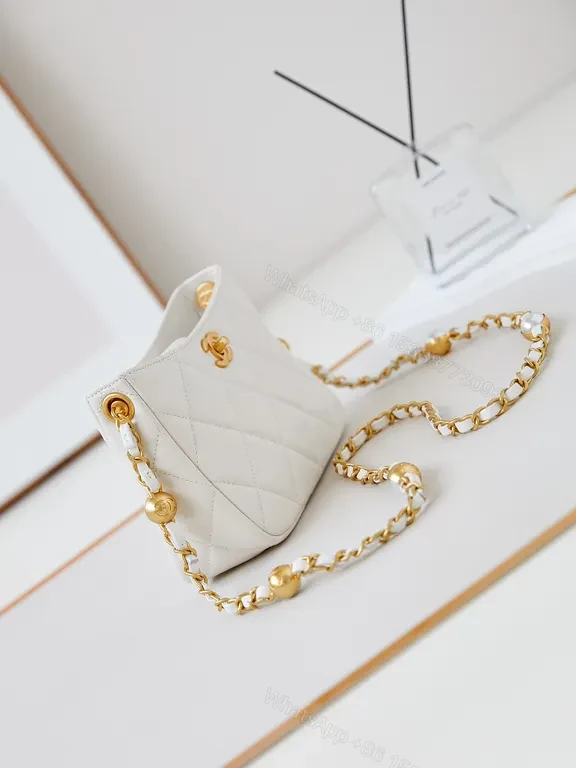 View 7 of White Quilted Mini Crossbody with Gold Chain, Luxe Calf Leather Bag