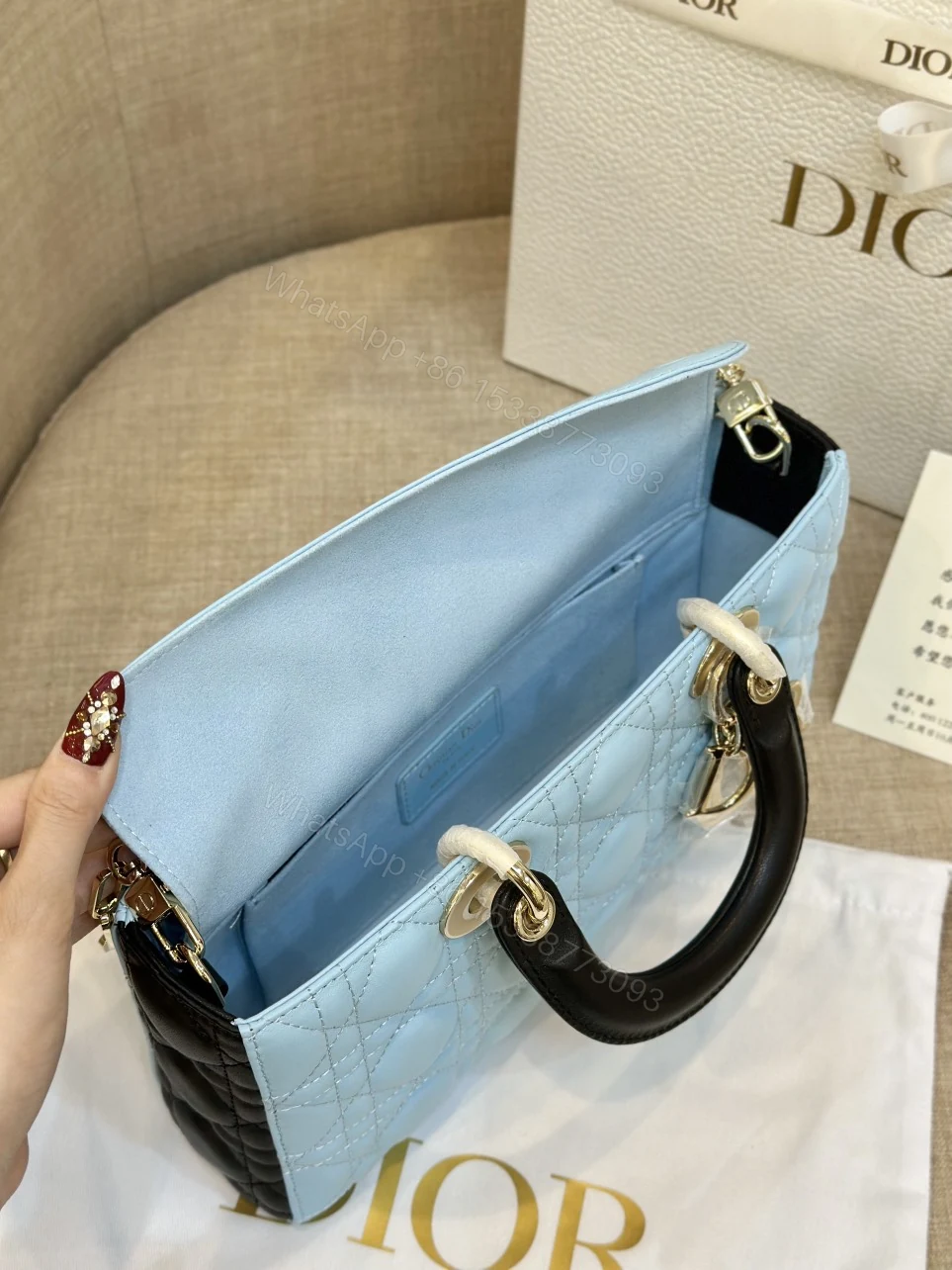 View 3 of Dior D-Joy Women’s Handbag, Ice Blue Cowhide Leather, Like Auth 26cm