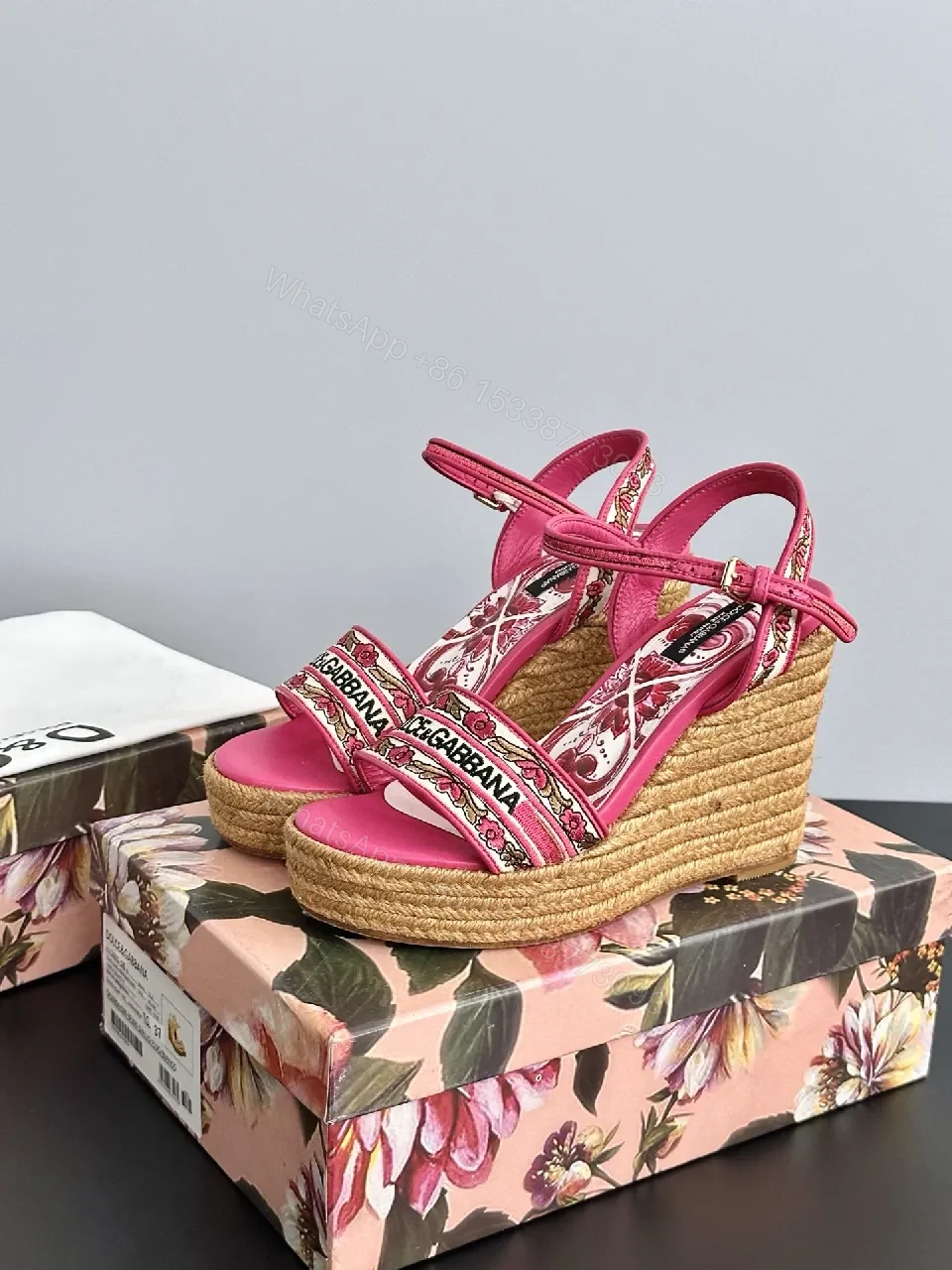 View 4 of Vibrant Pink Espadrille Wedges with Logo Textile Details