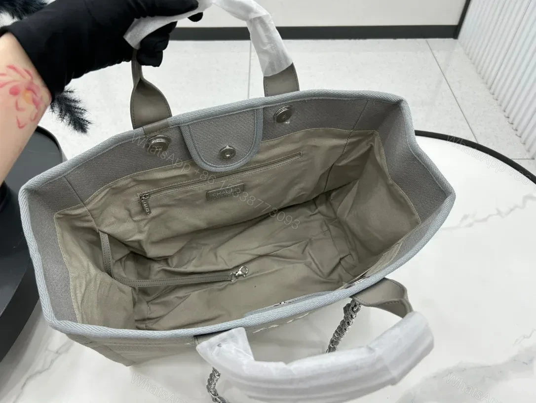 View 5 of CHANEL CC DEAUVILLE LARGE 38 TOTE BAG IN GREY CANVAS WITH WHITE LOGO