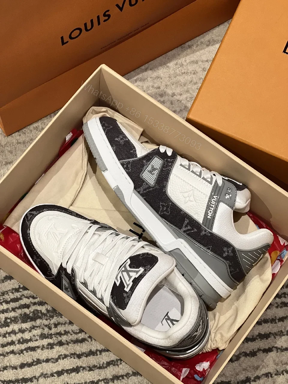 View 5 of Two-Tone White & Black Leather Low-Top Sneaker with Luxury Details
