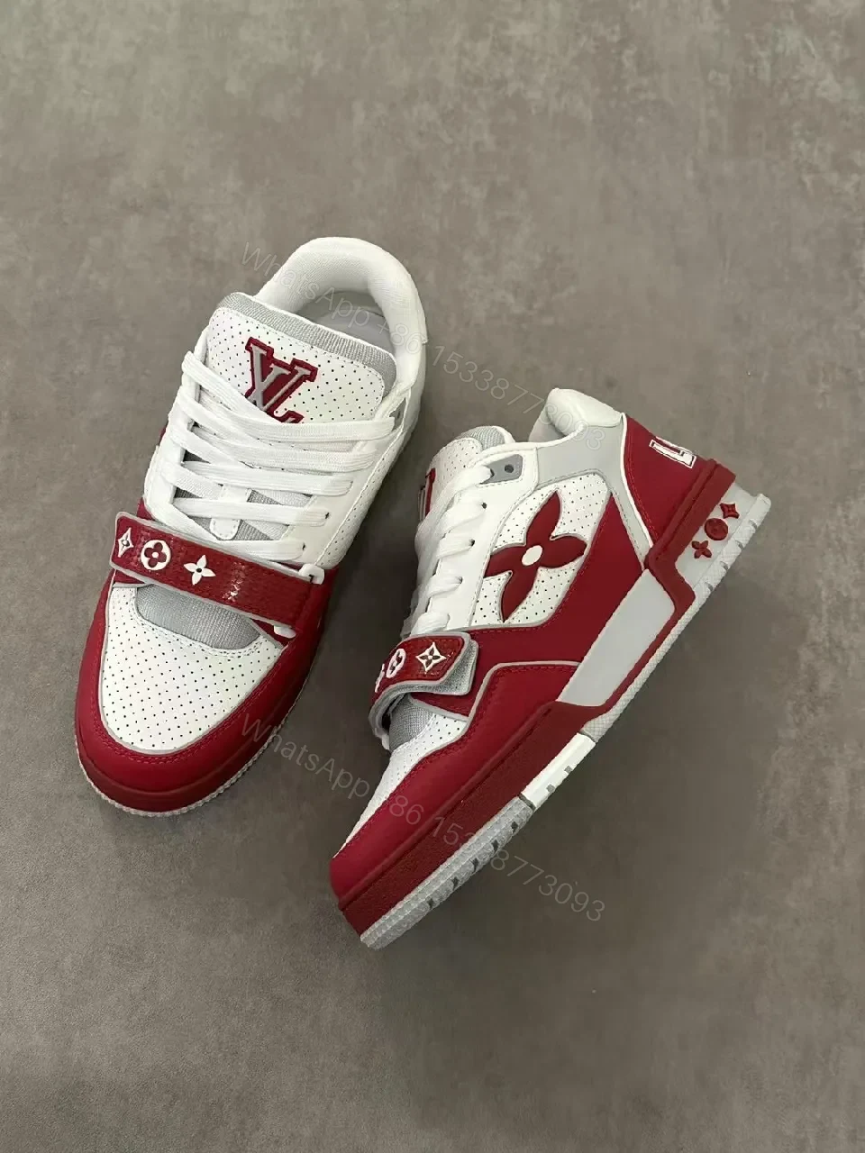 View 7 of Bold White & Burgundy Leather Trainer with LV-Style Details