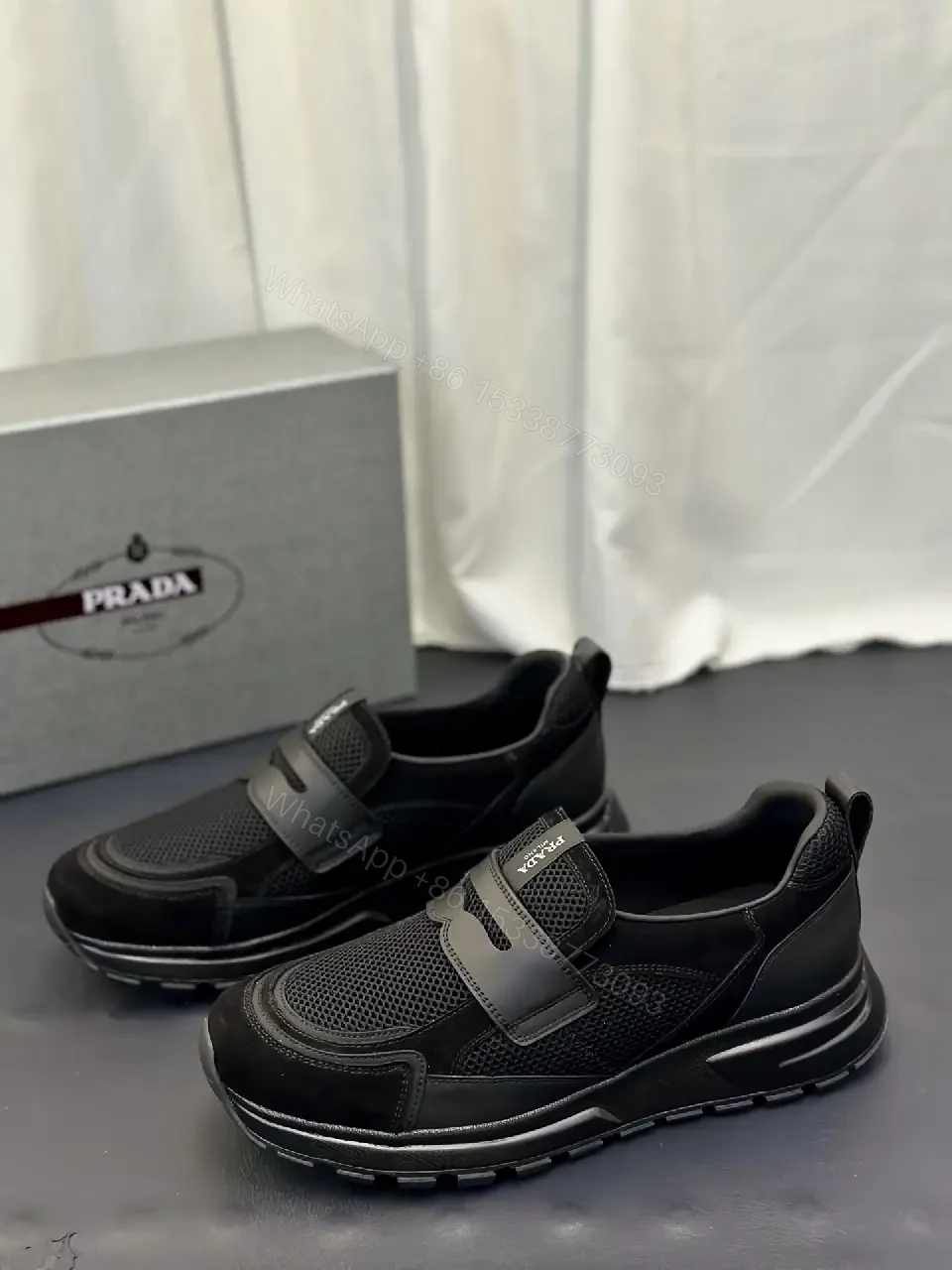 View 8 of Black Mesh Velcro Sneaker, Prada Style, Lightweight Comfort Shoes
