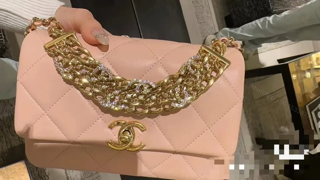 View 3 of Soft Rose Quilted Chain Bag with Gold Hardware