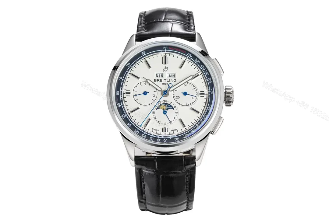 V9 Factory Breitling Premier Series White Dial Black Leather Strap Chronograph Watch — view 1
