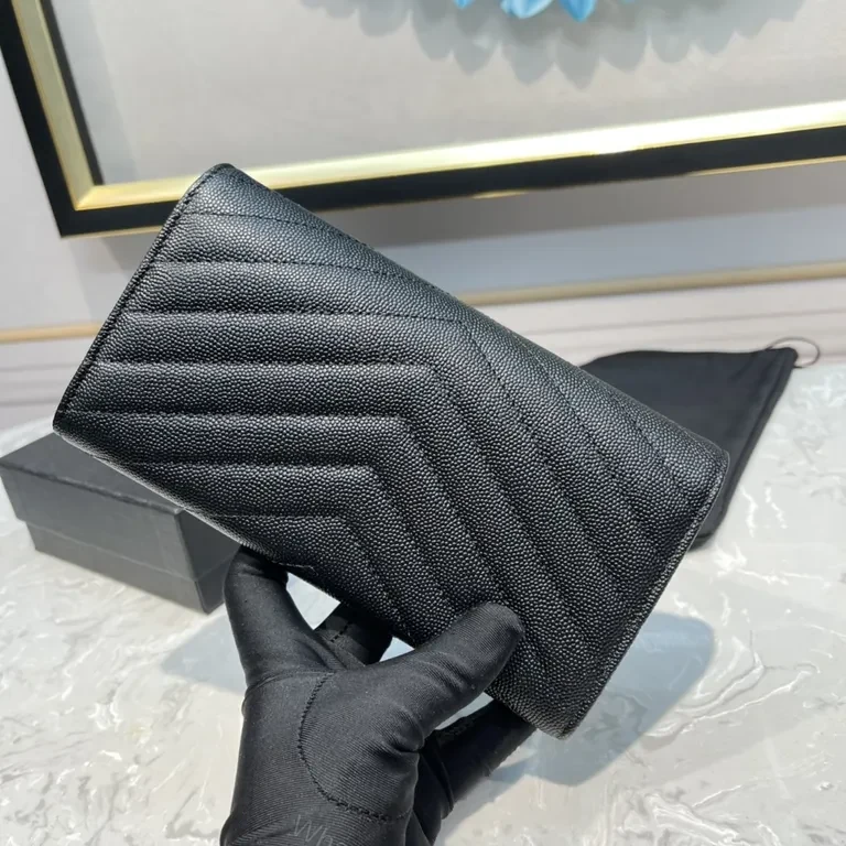 View 5 of Sleek Black Pebbled Leather Envelope Wallet - YSL Signature