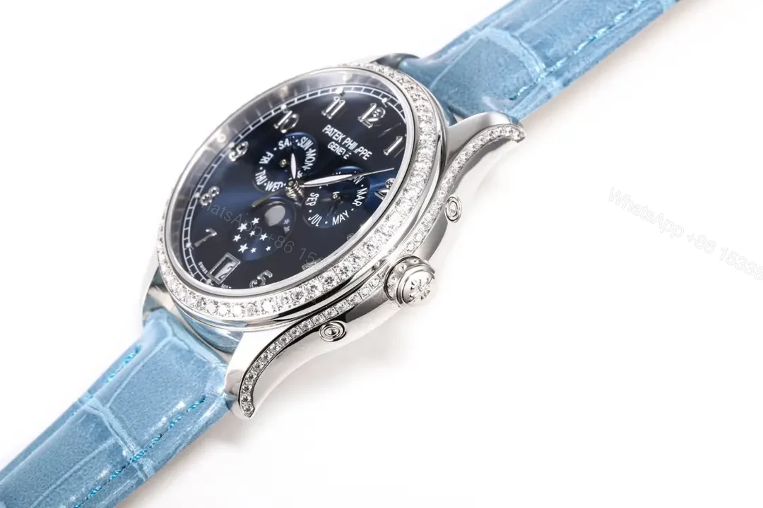 View 5 of Patek Philippe Complications Collection Annual Calendar Moon Phase Women’s Watch in Blue with Diamond Set Case 38mm Italian Leather Strap