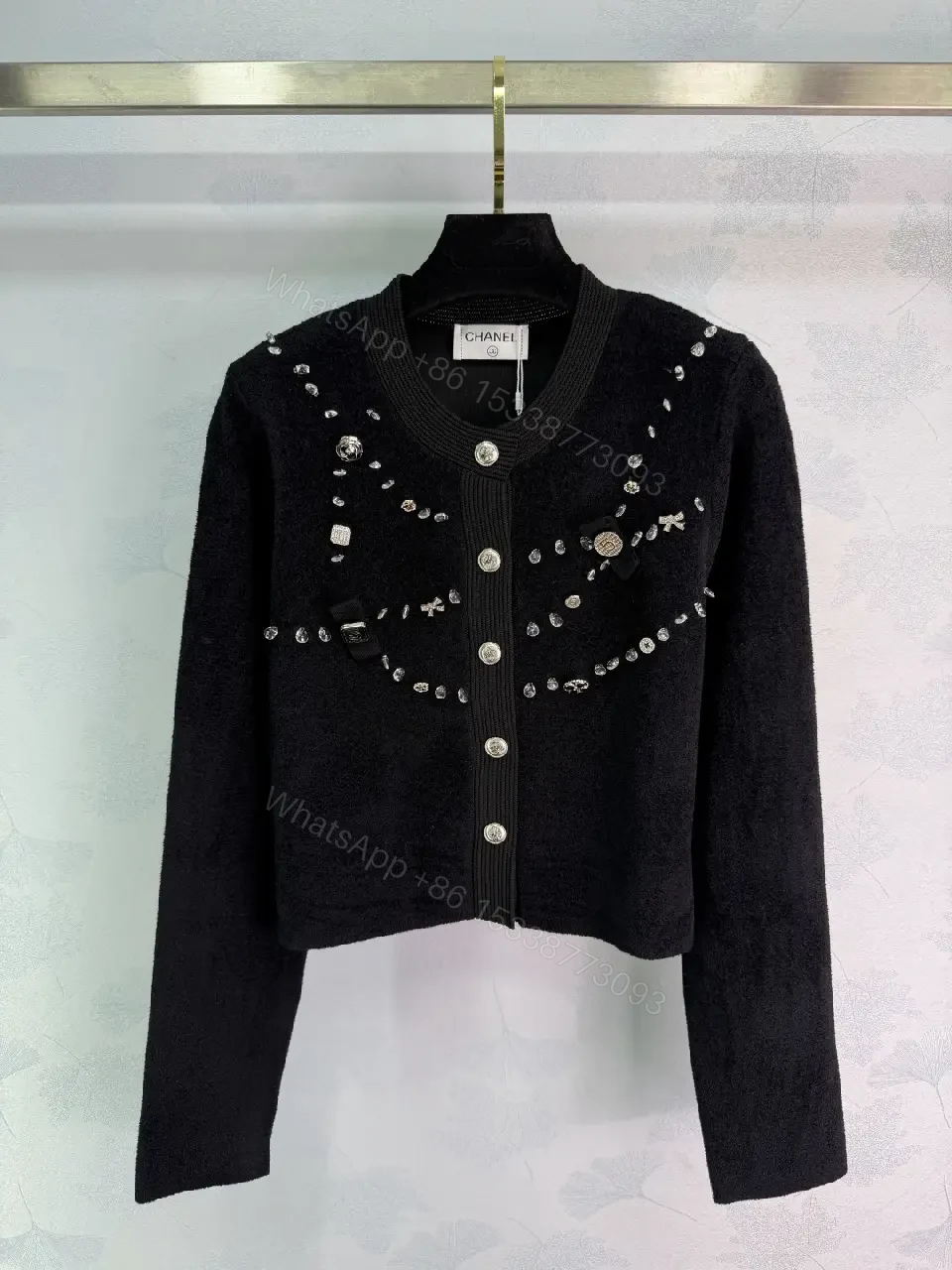 View 2 of Black Knit Cardigan with Crystal Embellishments - Luxe, Cropped, Buttoned