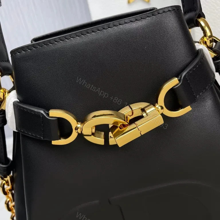 View 2 of Lux Black Leather Bucket Bag with Gold Hardware - Dior-Inspired Elevation