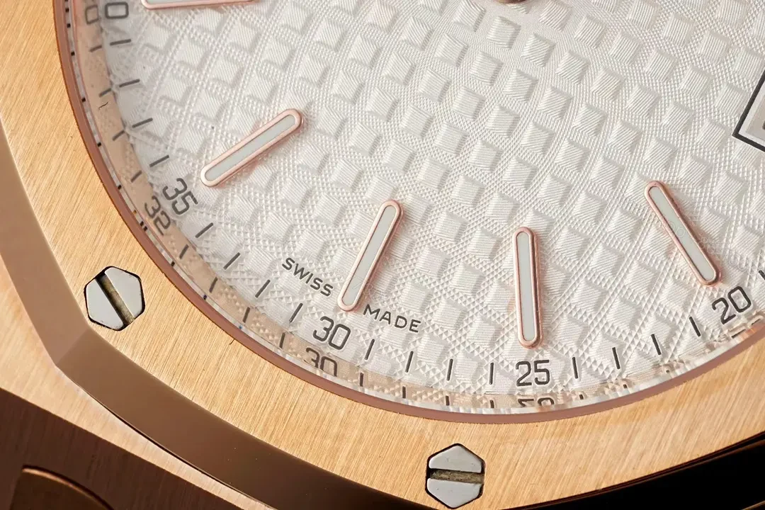 View 5 of KZ Factory Audemars Piguet Royal Oak 15202 Rose Gold Watch with White Dial and Petite Tapisserie Pattern