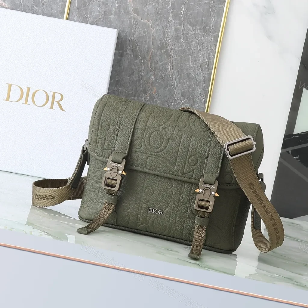 Olive Green Compact Leather Messenger Bag with Monogram — view 1
