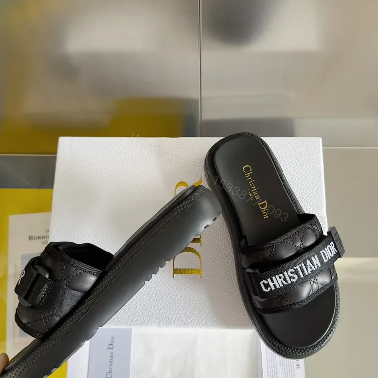 View 9 of Black Imitation Dior Slide - Quilted Straps, Comfortable Key Feature Slides