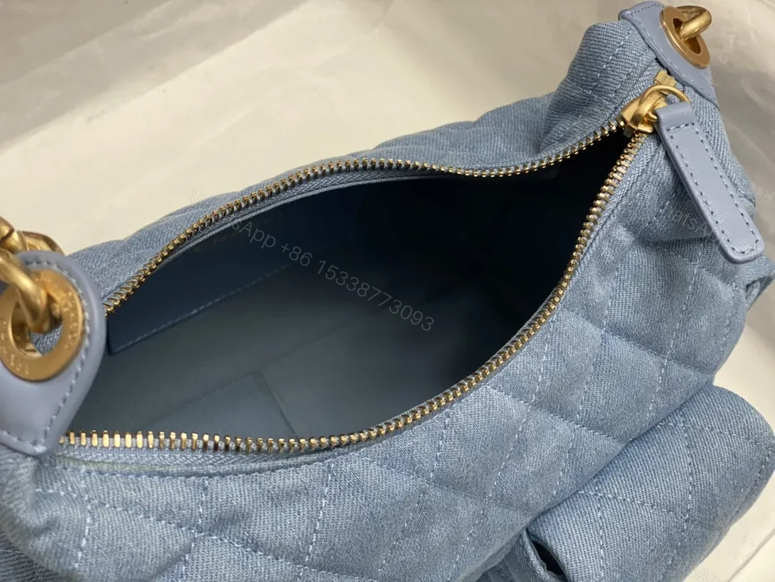 View 7 of Denim Quilted Mini Bag with Gold Chain Handle