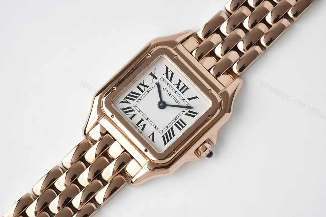 View 9 of GS Factory Cartier Panthère de Cartier Rose Gold Watch – 27x37mm, Silver Dial, Blue Hands, Steel Bracelet