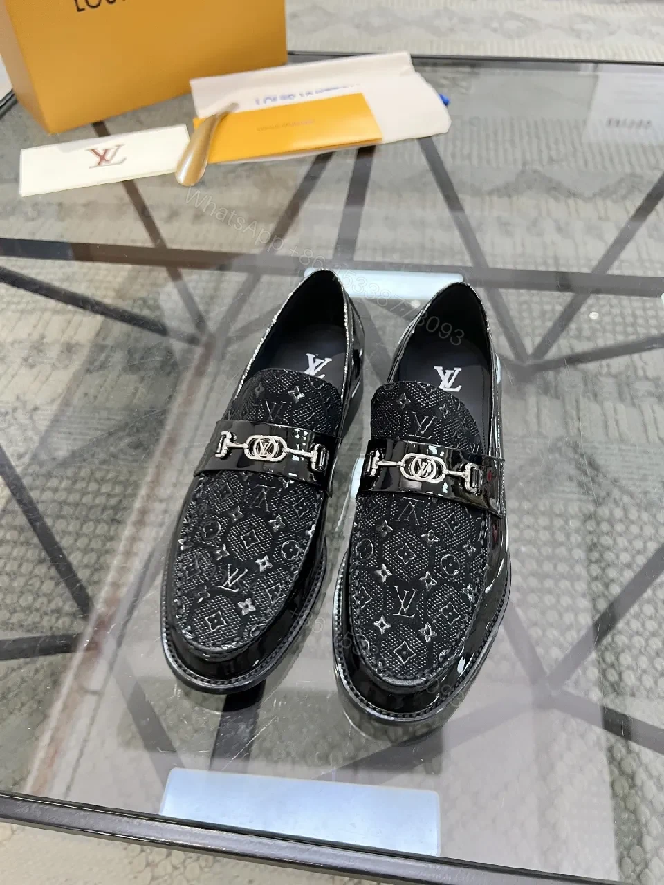 View 3 of Lux Black Patent Leather Loafers with Monogram Texture and Silv