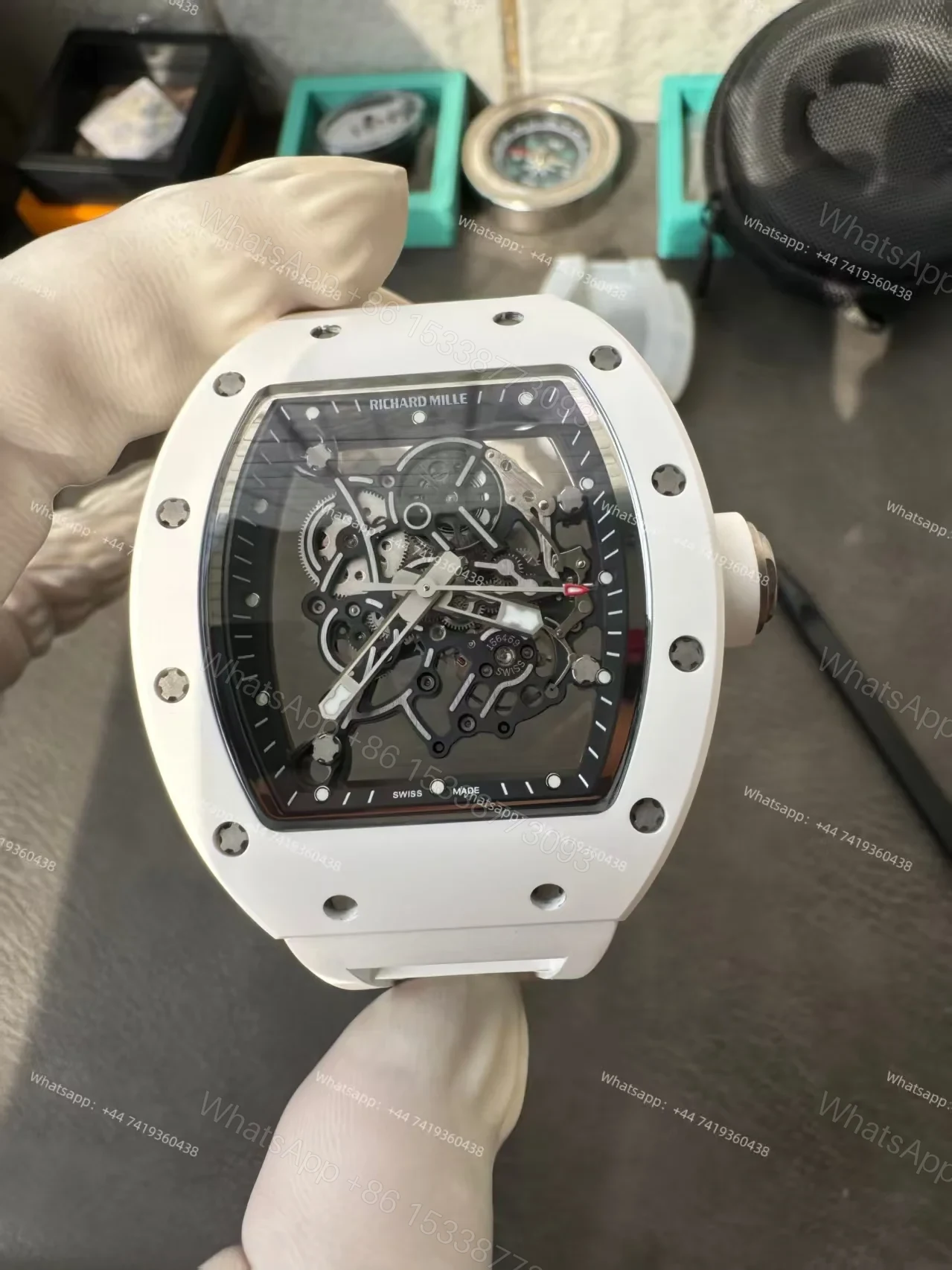 View 11 of Richard Mille RM 055 White Ceramic Skeleton Vaucher Free-Sprung Movement White Rubber Strap Custom Super Clone