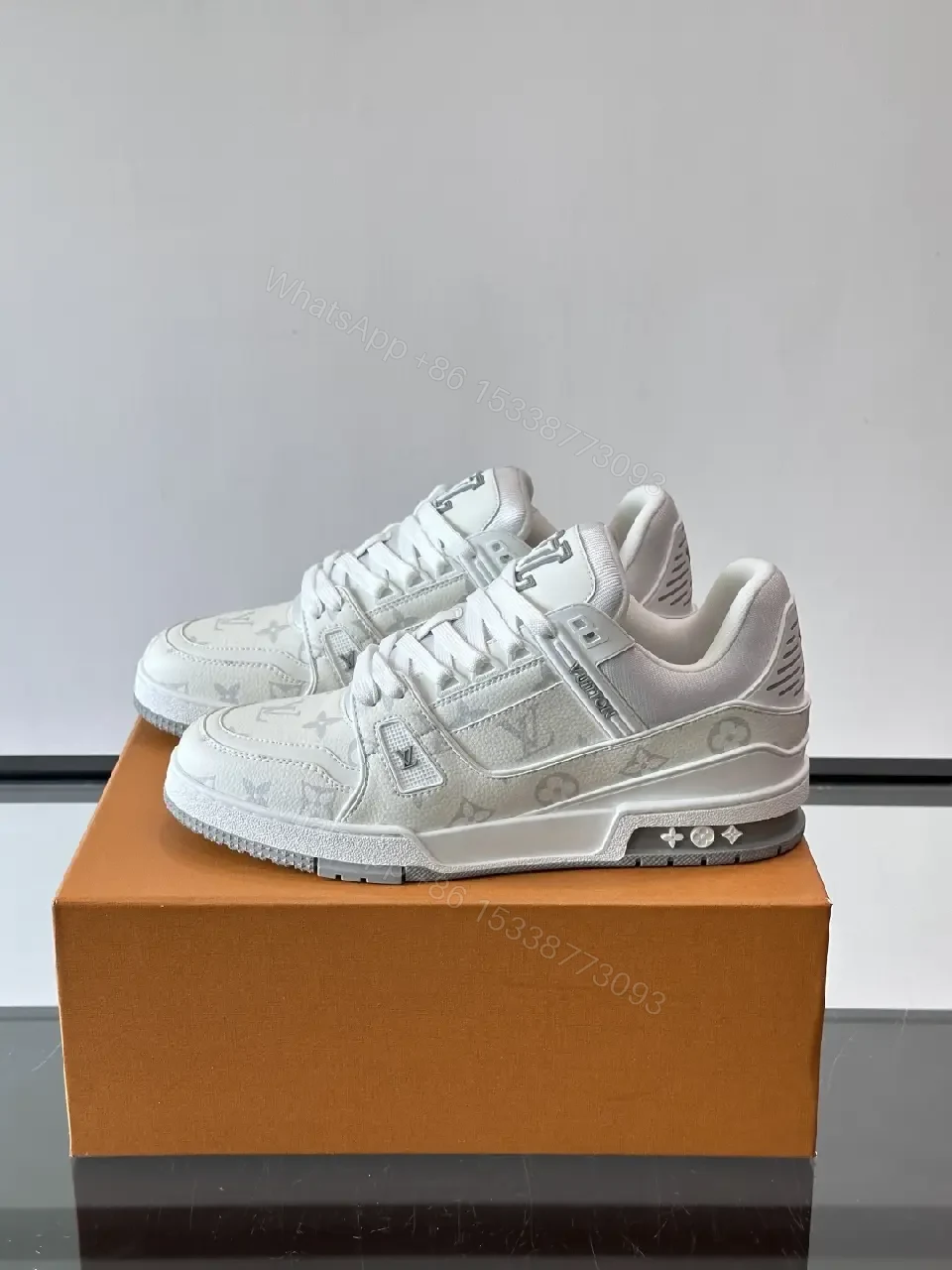 View 6 of White Leather High-Top Sneakers: Luxe Comfort, Monogram Pattern