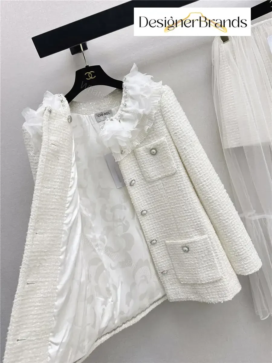 View 6 of Ivory Tweed Blazer with Ruffle Collar – Luxe, Structured Style