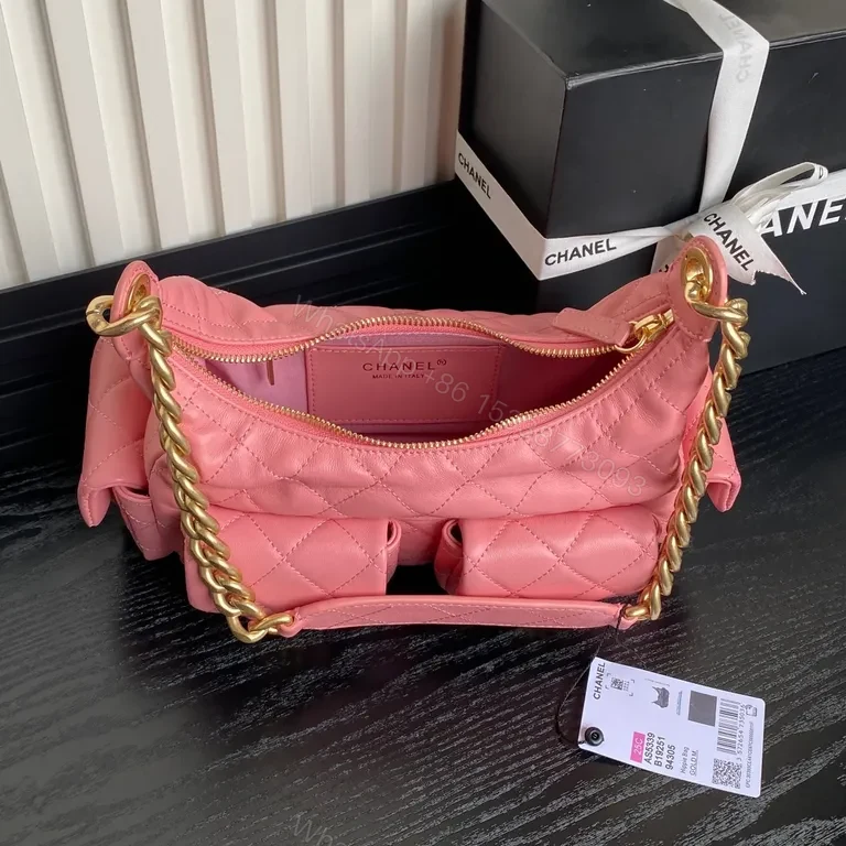View 4 of Pink Quilted Leather Shoulder Bag with Gold Chain - Chic Luxury