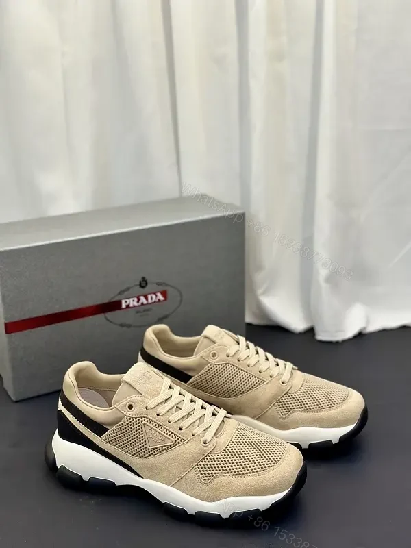 Beige Mesh & Suede Sneakers, Lightweight Runner Style, Prada Lookalike — view 1