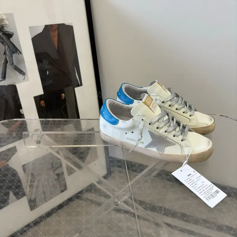 View 6 of Premium Off-White + Leather Sneaker with Blue Heel & Star Details