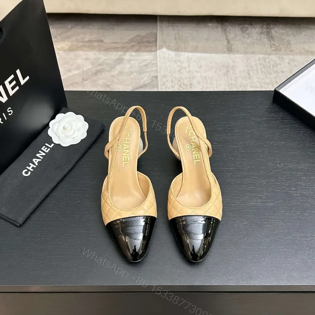 View 7 of Quilted Nude Slingback Pumps with Black Cap Toe and Spherical Heel