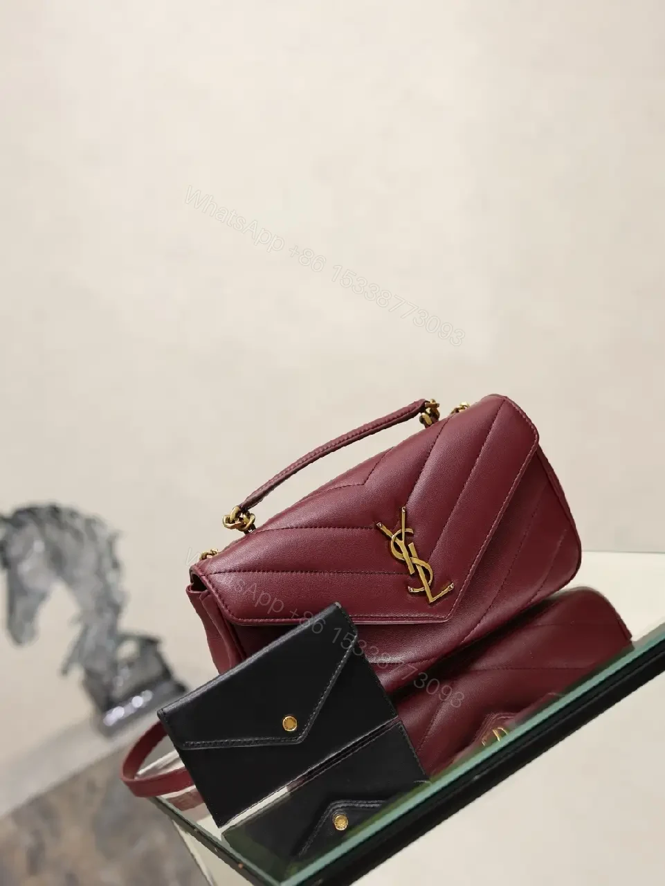 View 7 of Burgundy Leather Quilted Flap Bag with Gold YSL Clasp
