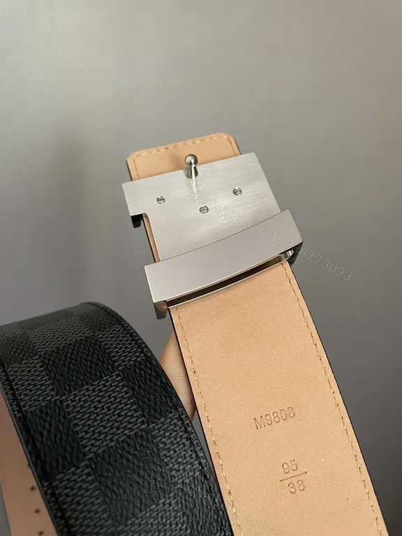 View 7 of Checkerboard LV-Style Belt: Charcoal Leather with Signature Buckle