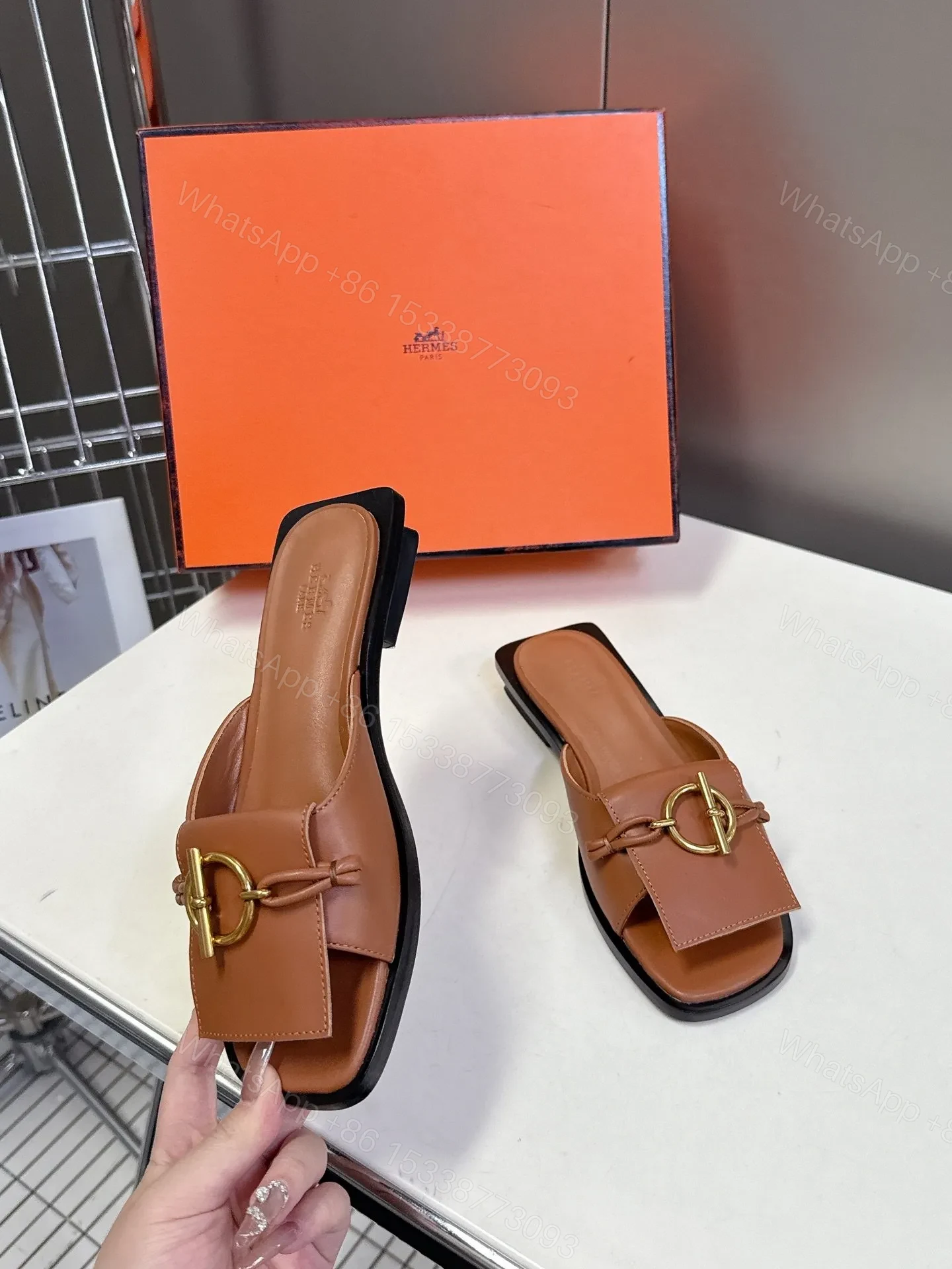 View 5 of Hermes Women Brown Leather Flat Mules