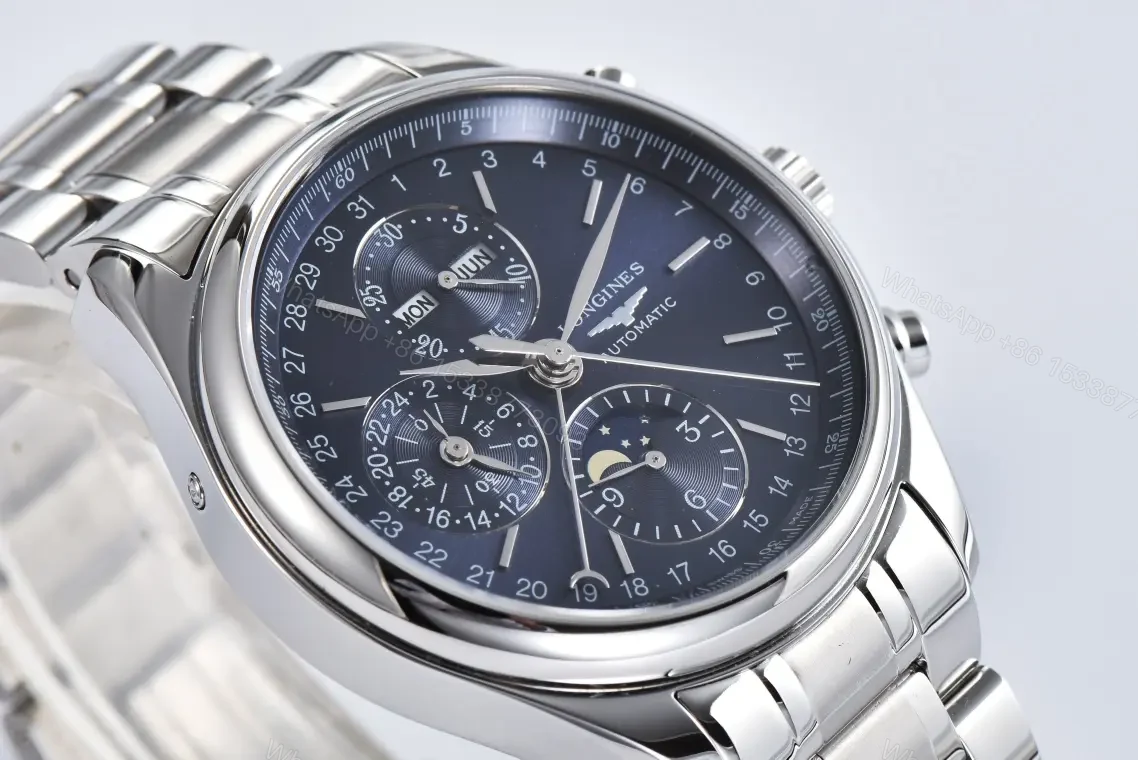 View 4 of Longines Master Collection Moonphase Chronograph Watch Silver Stainless Steel Strap Blue Dial 42mm Case TW V9 Edition