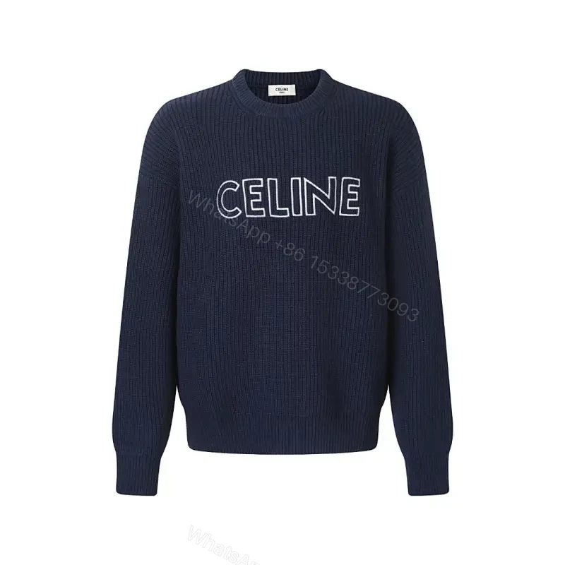 Navy Knit Crew with Bold CELINE Script - Luxe Everyday Comfort — view 1