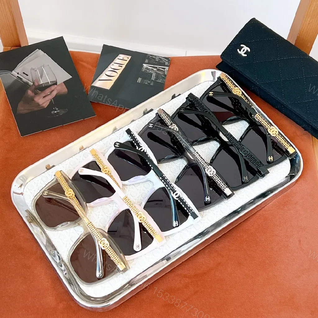 View 8 of Soft Pink Acetate Sunglasses with Gold Chain Temples - Square Silhouette