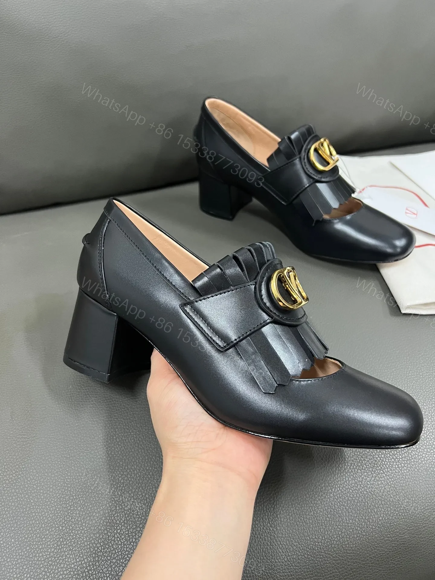 View 5 of Valentino Women Black Leather Fringe Loafers