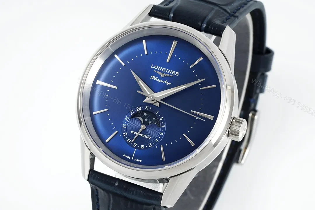 View 4 of Longines Classic Flagship Blue Dial Moon Phase Automatic Watch with Leather Strap