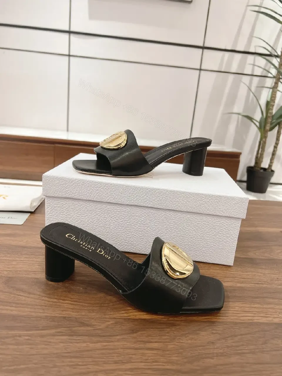 View 5 of Black Leather Sandals with Gold Logo Buckle, Dior Style, Slide Sandals