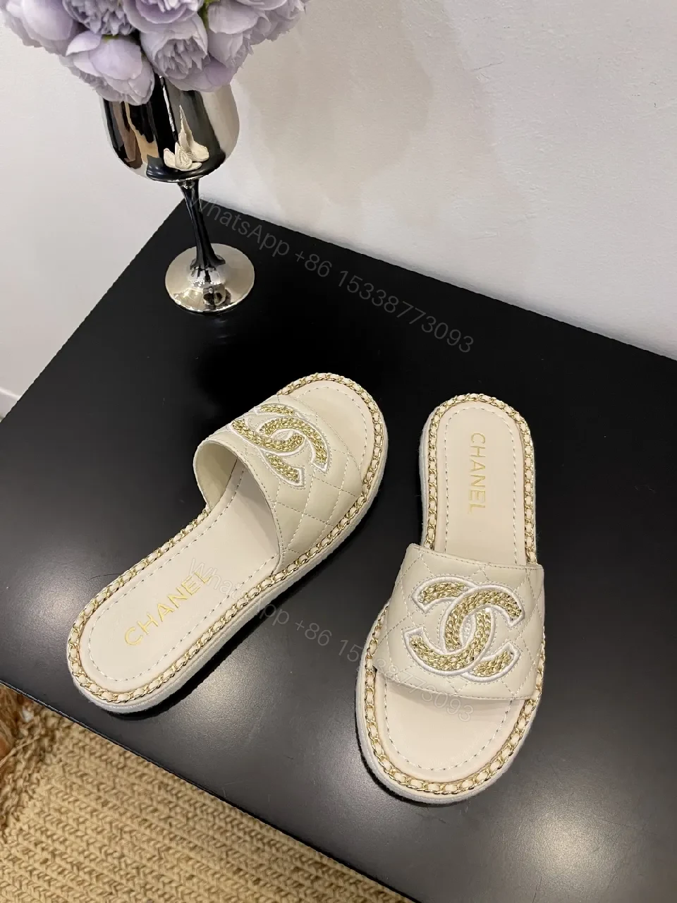View 2 of Taupe Leather Slip-Ons: Luxe Logo Chic Comfort Sandals