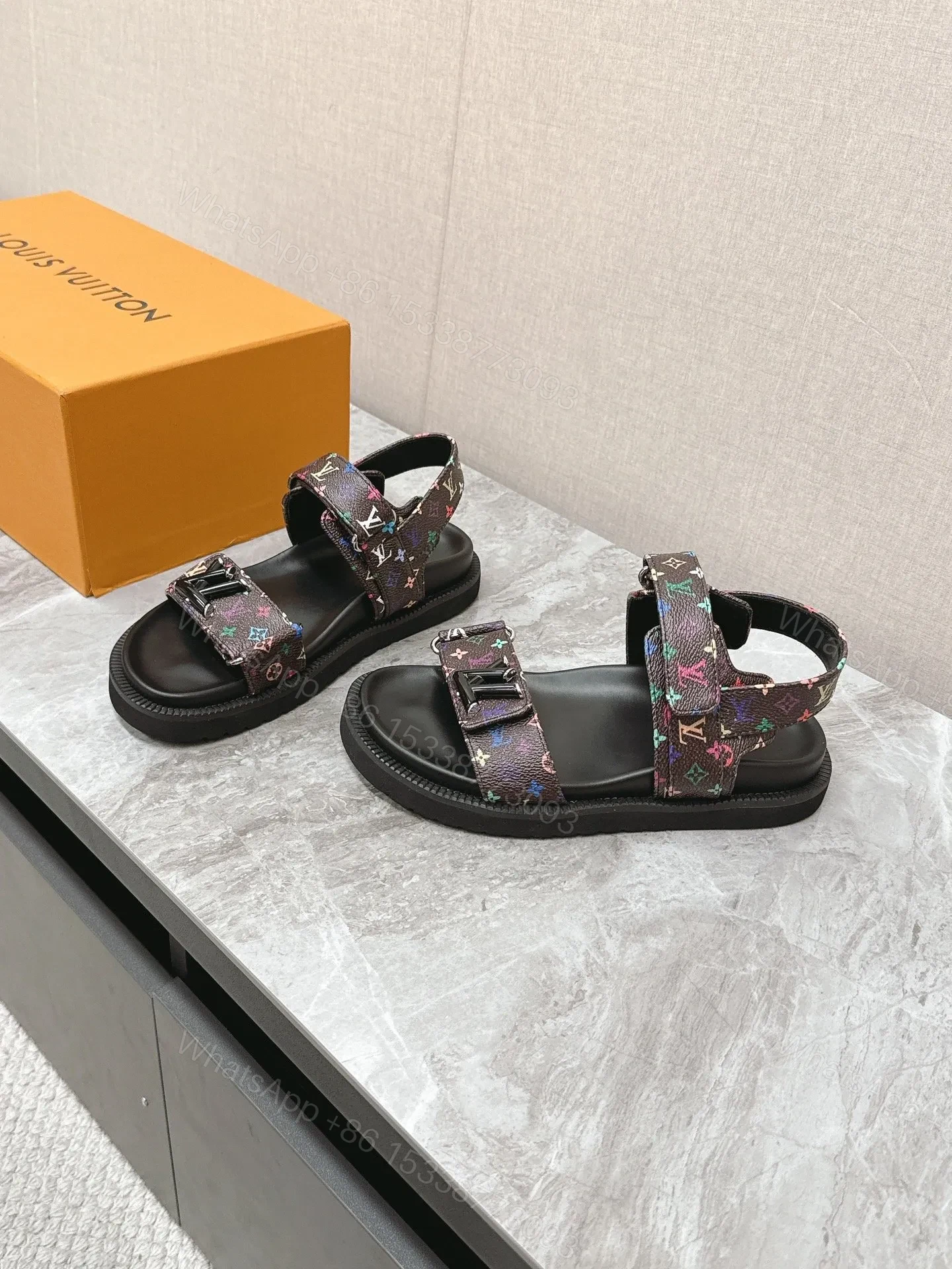 View 3 of LV Women Multicolor Canvas Strap Black Sandals