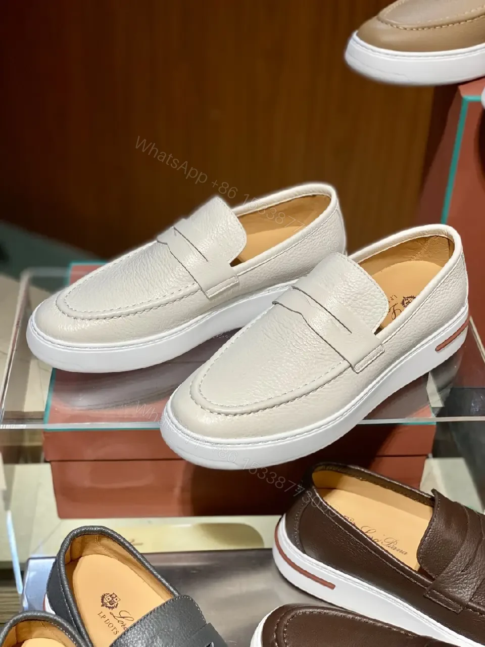 View 4 of Beige Leather Slip-On Loafers Plug-Top Comfort Shoes