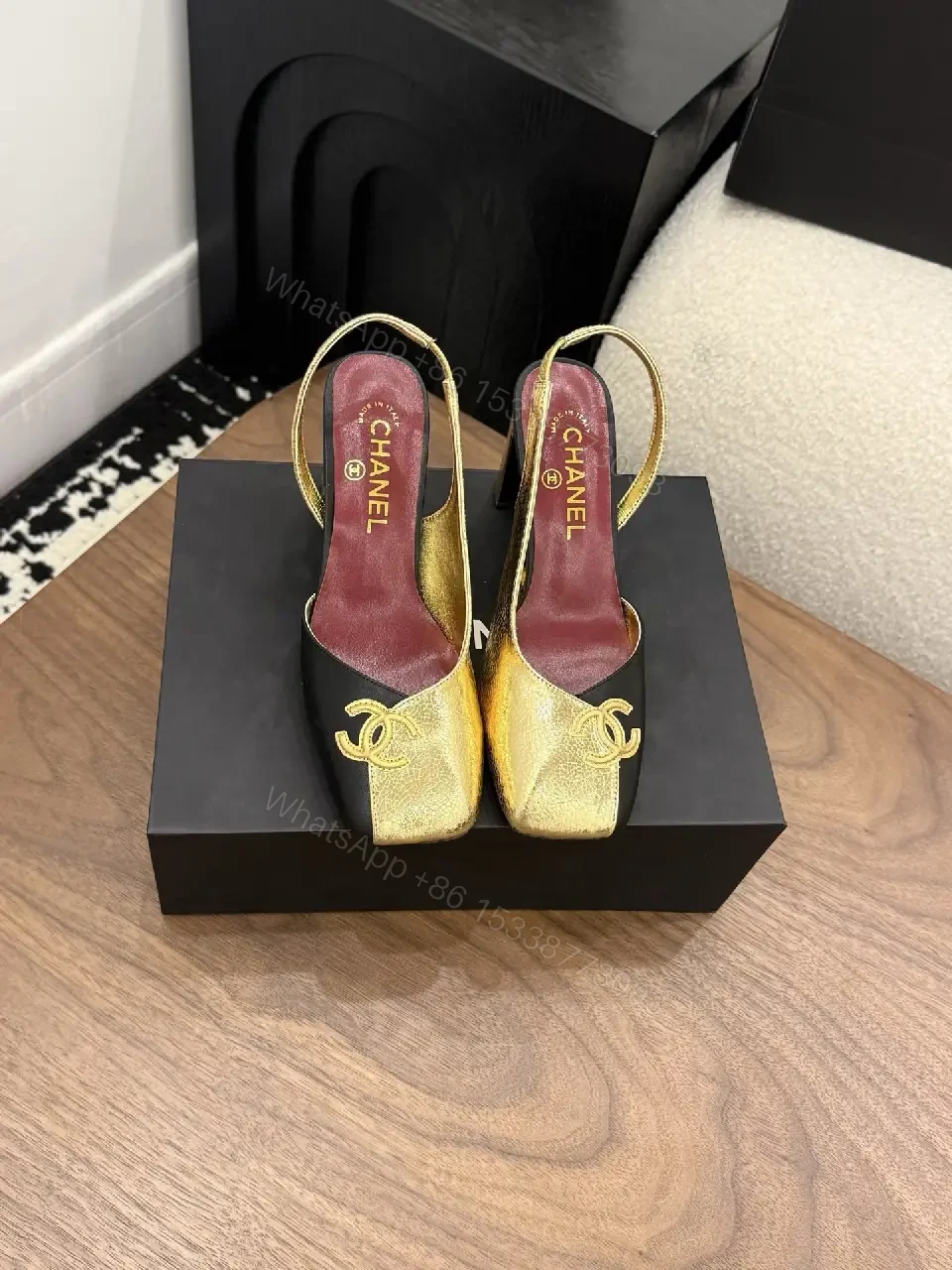View 7 of Gold & Black Slingback Heels: Luxe Comfort, Medium Heel