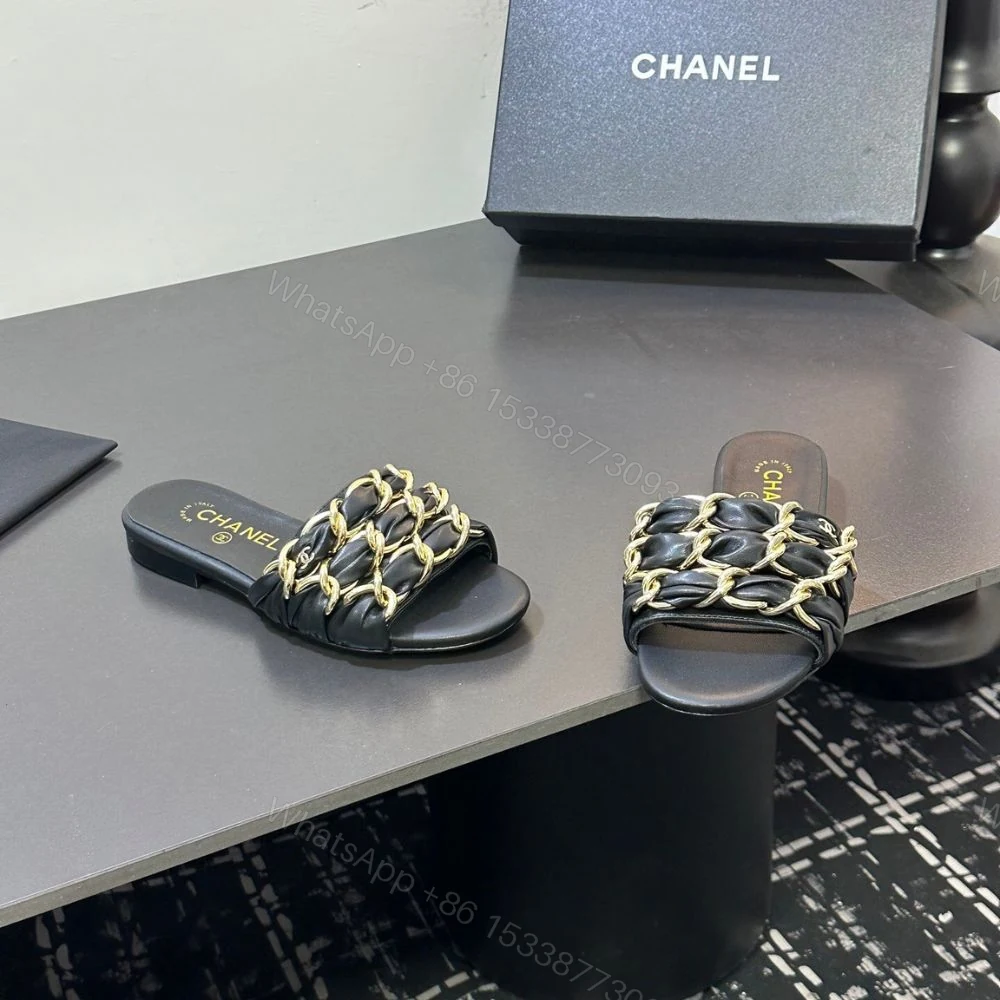 View 5 of Chanel Slide Sandals Gold Chain Black
