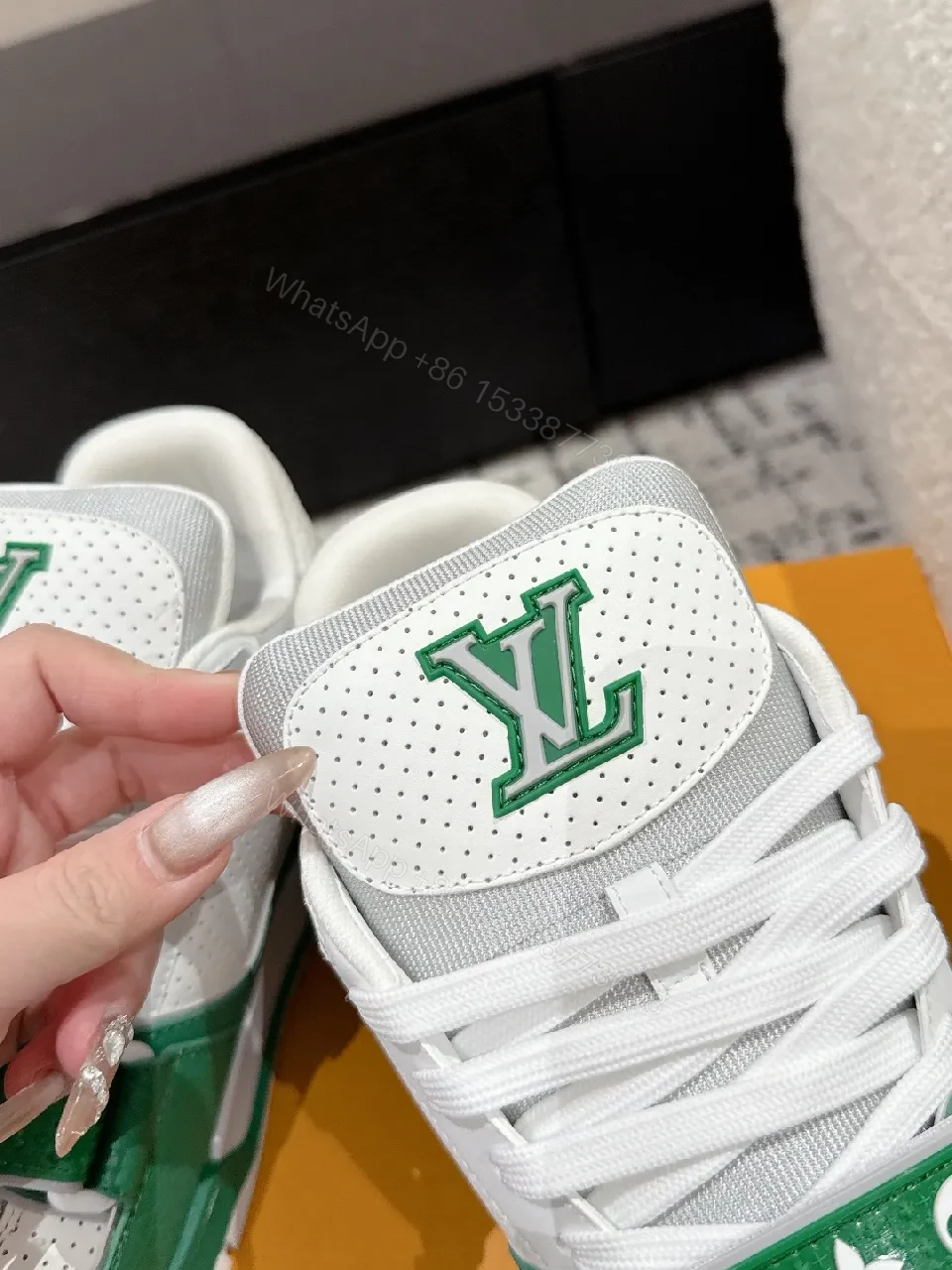 View 2 of White-Green Luxury Trainers: Textured Leather, Midfoot Strap Sneaker