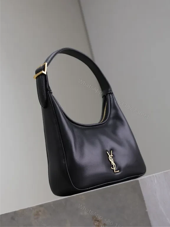 View 8 of Chic Black Leather Hobo with Gold YSL Emblem Bag
