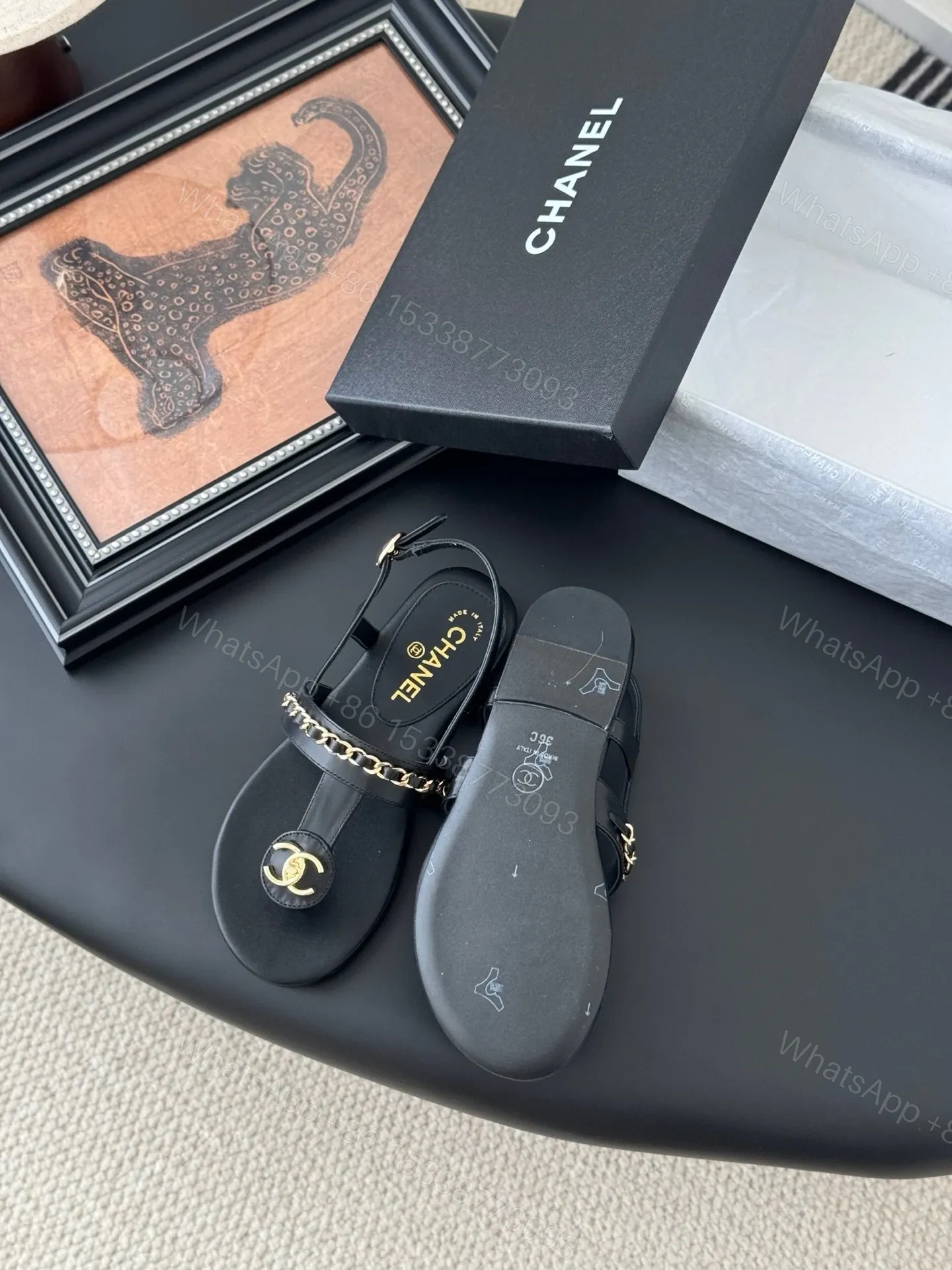View 4 of Chanel Women Black Leather Chain Detail Sandals