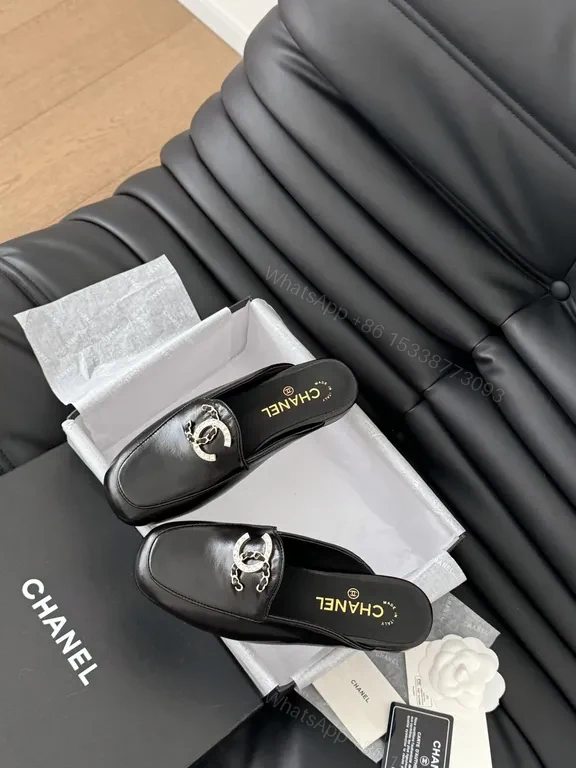 View 4 of Chanel-Inspired Black Leather Slip-Ons with Signature Hardware