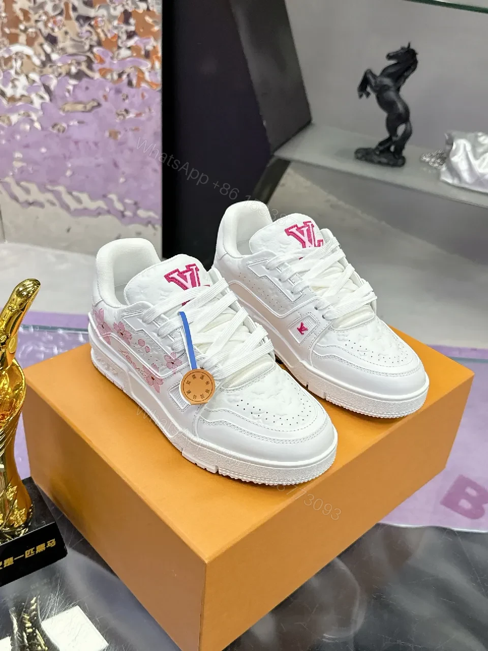 White Leather Sneakers, Pink Detailing, Luxe Everyday Wear — view 1