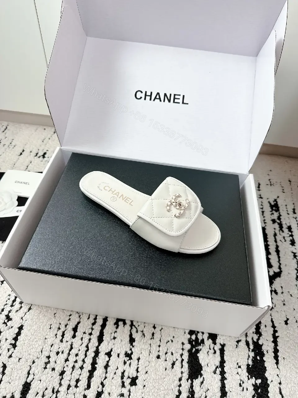 View 2 of White Leather Quilted Slides with Crystal Accent — All-Day Comfort
