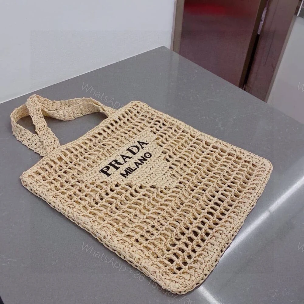View 2 of Prada Natural Logo Crochet Tote Bag