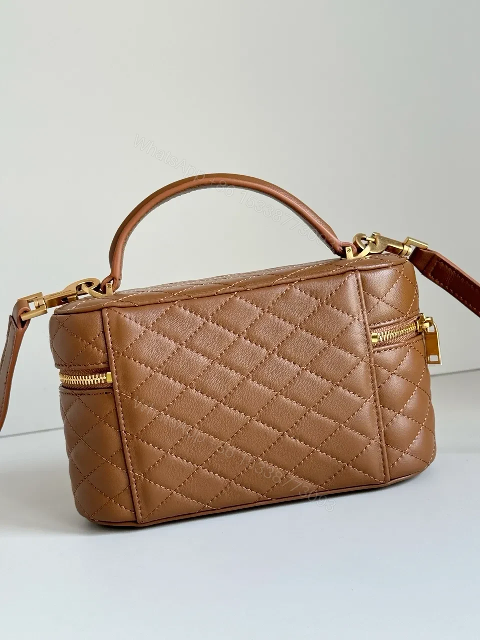 View 3 of Compact Quilted Leather Crossbody with Gold Hardware